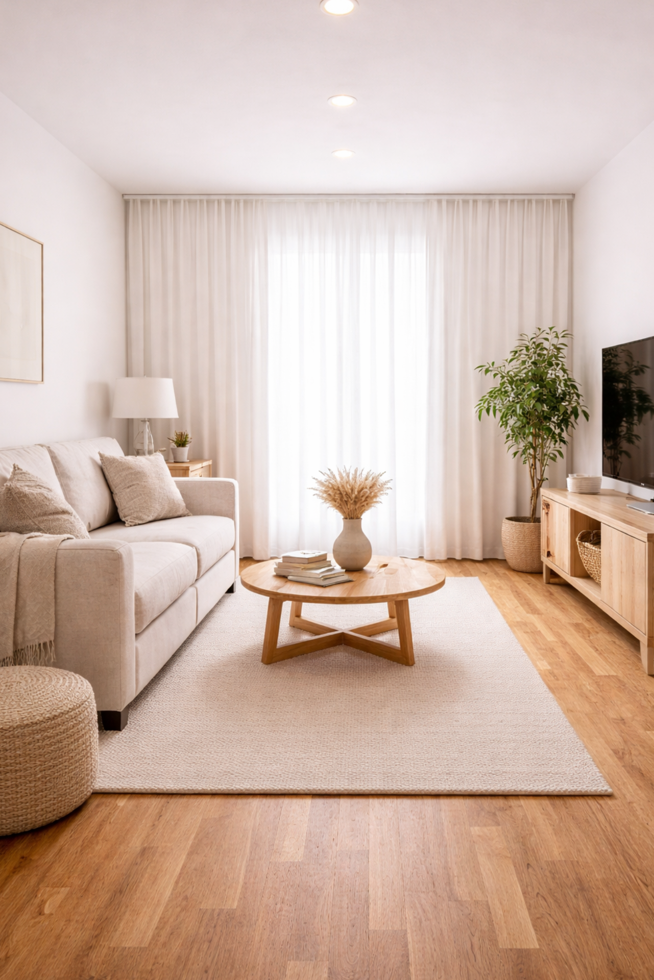 Helles Wohnzimmer mit Sofa, Holzboden und großer Fensterfront.