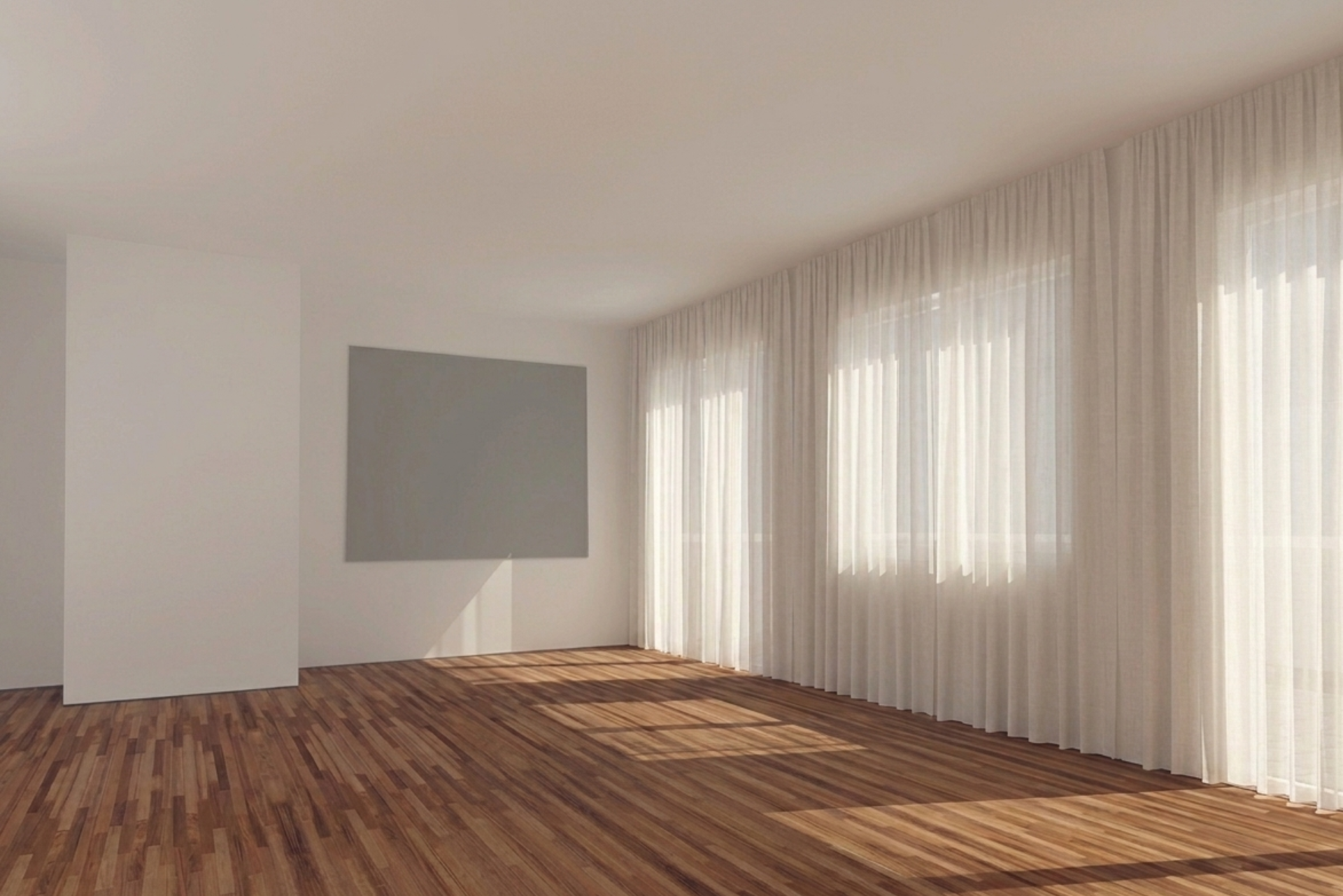 Heller, leerer Innenraum mit Holzboden und großen Fensterflächen.